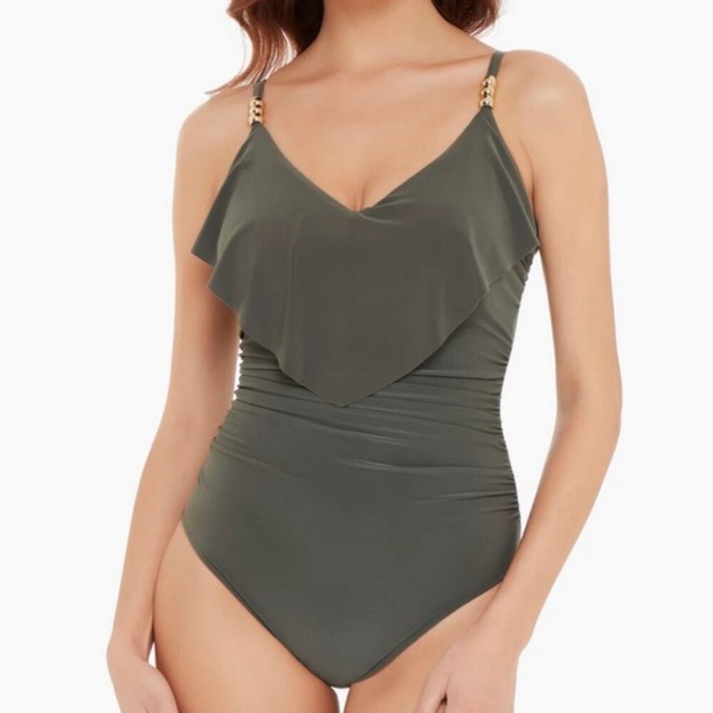 Magicsuit Solid Isabel Tummy Control Ruffle Front One Piece Military Green